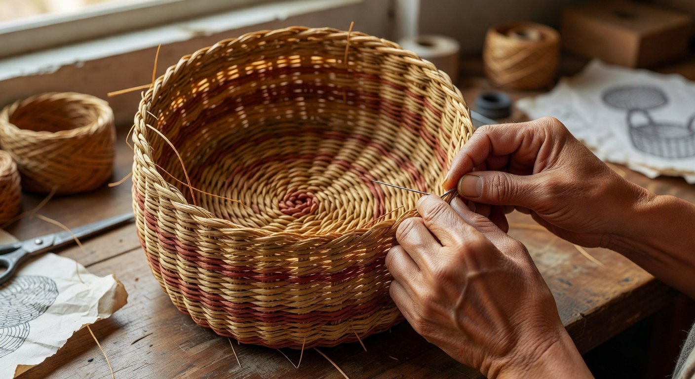 Basketry weaver's hands working on a coiled basket in progress, demonstrating basketry weaving technique