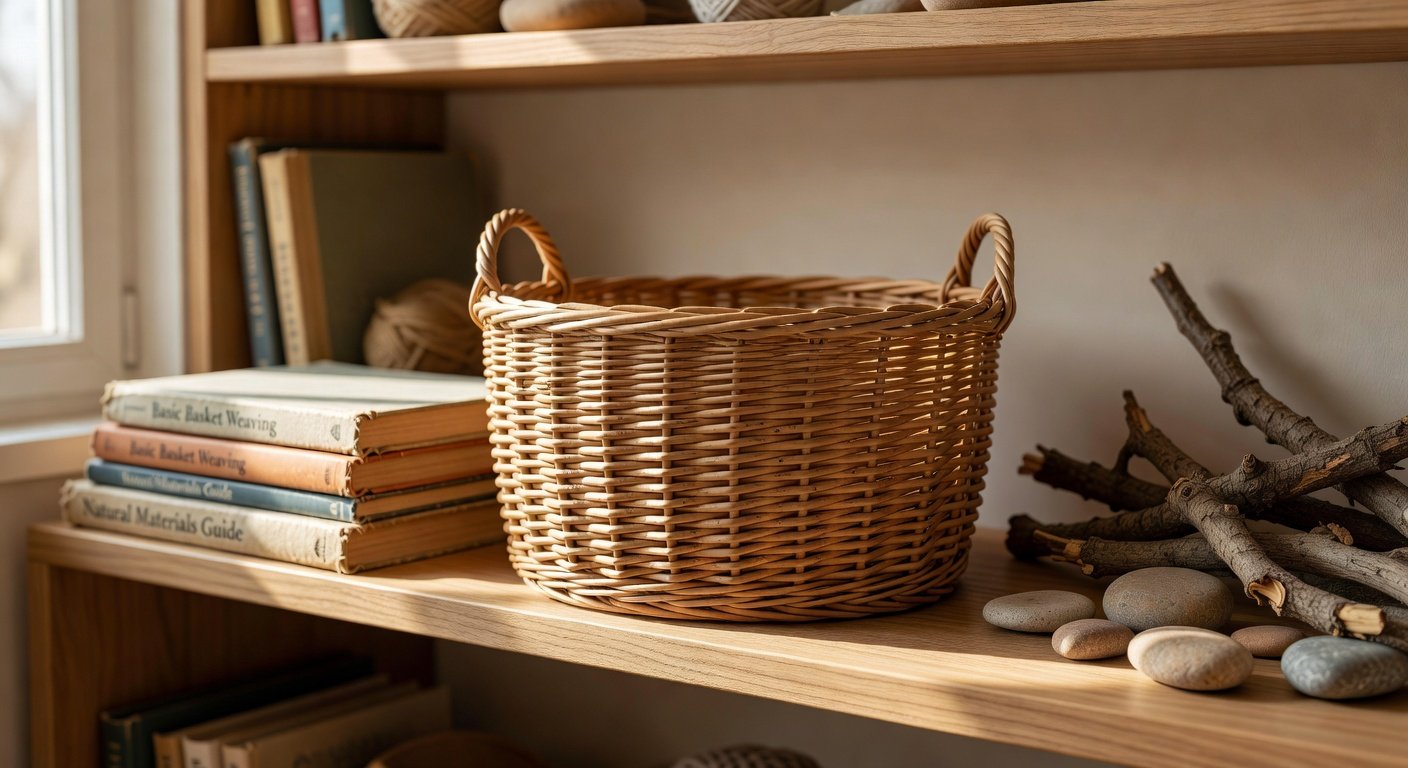 Finished basket from a beginner kit displayed on a shelf with craft books and natural materials