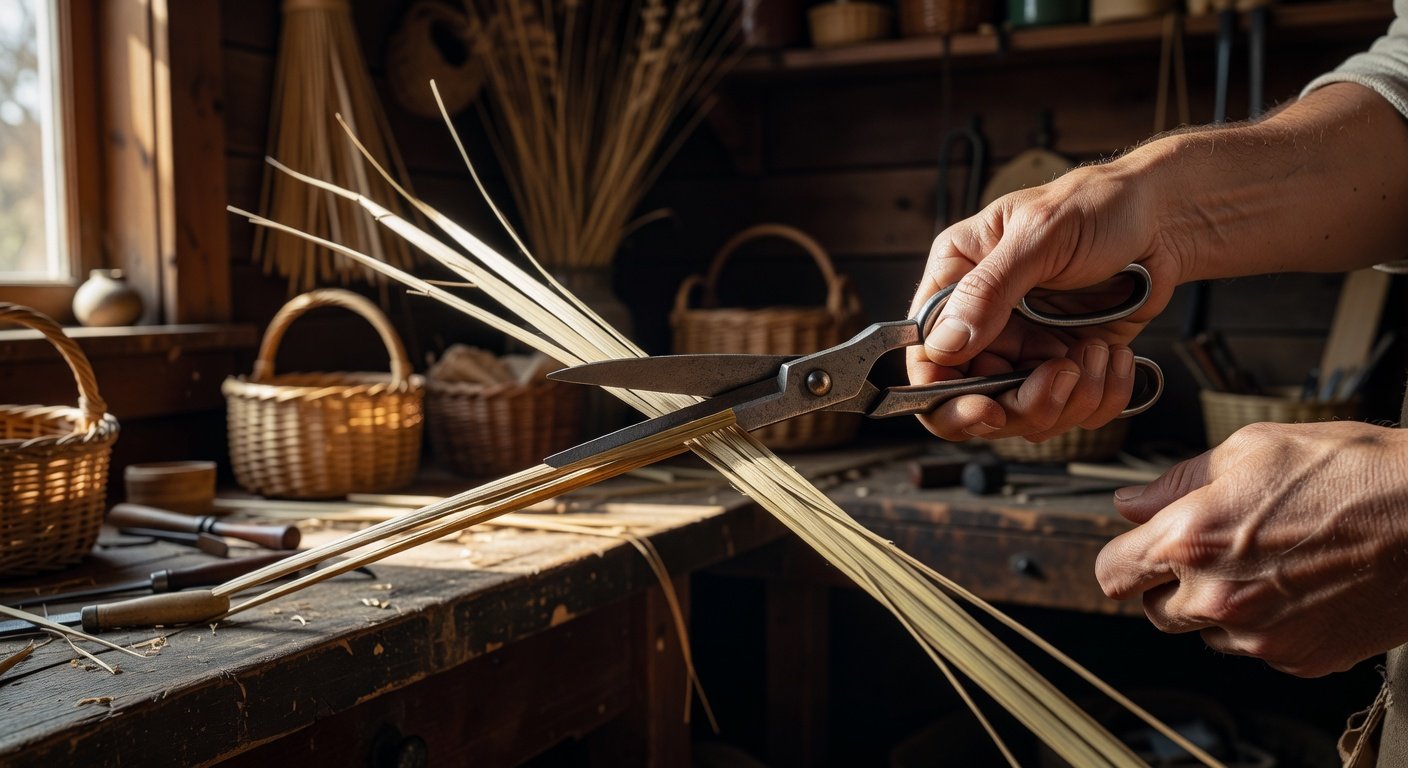 Basketry shears cutting reed to demonstrate precision tools for beginners
