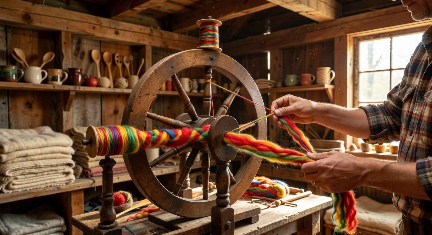 Hand spinning colorful wool at Vermont fiber arts workshop