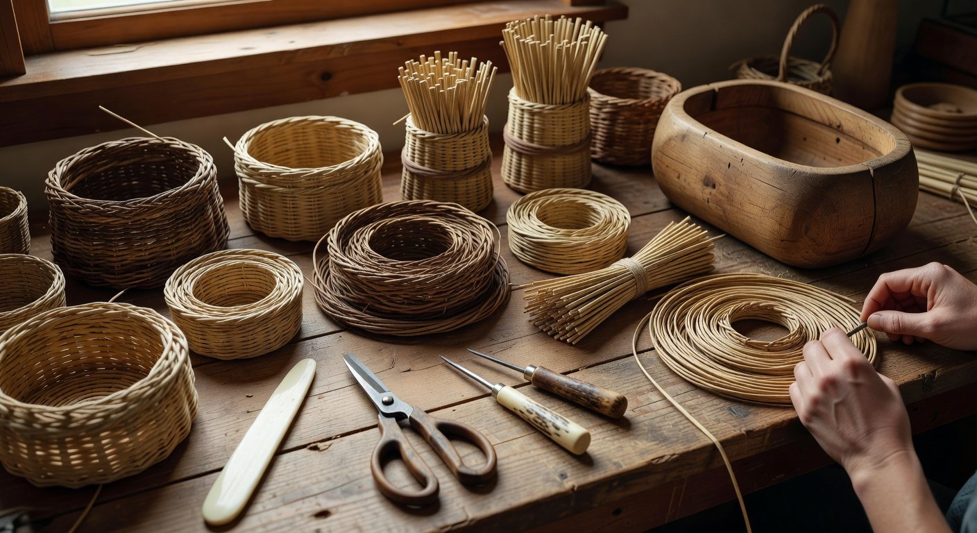 Essential basketry supplies and tools for beginners arranged on wooden workbench