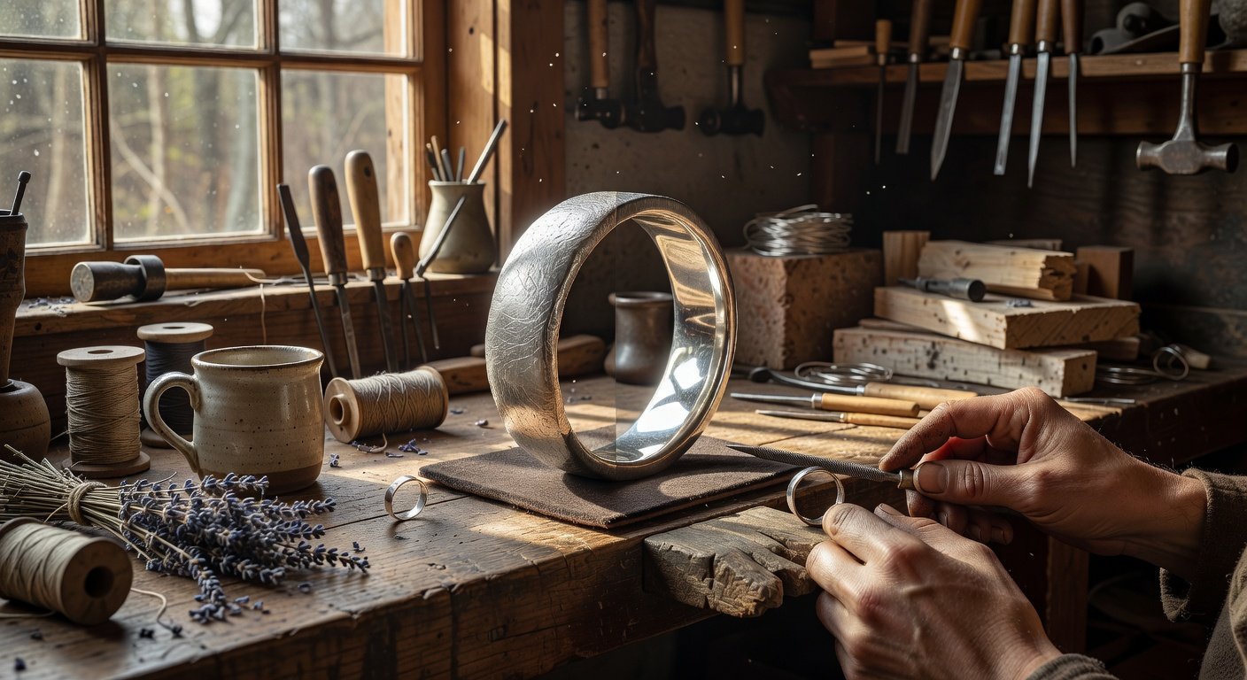 Before and after polishing comparison for beginner silversmithing project