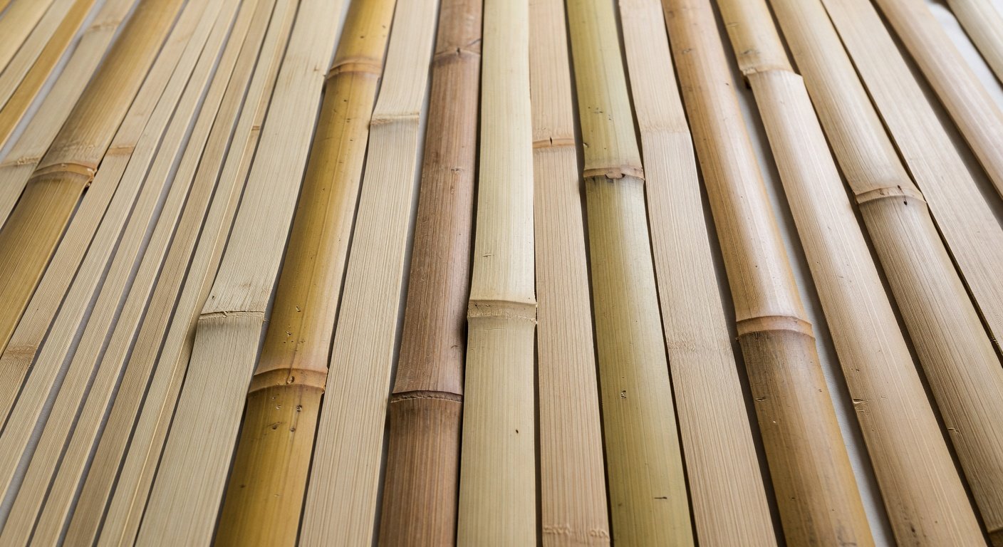 Prepared bamboo strips showing texture and quality variations used in Japanese basketry