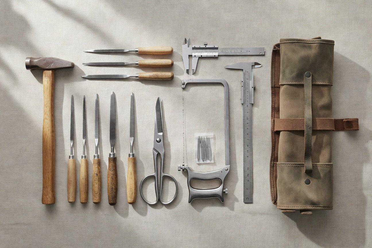Complete beginner silversmithing tool kit laid out flat