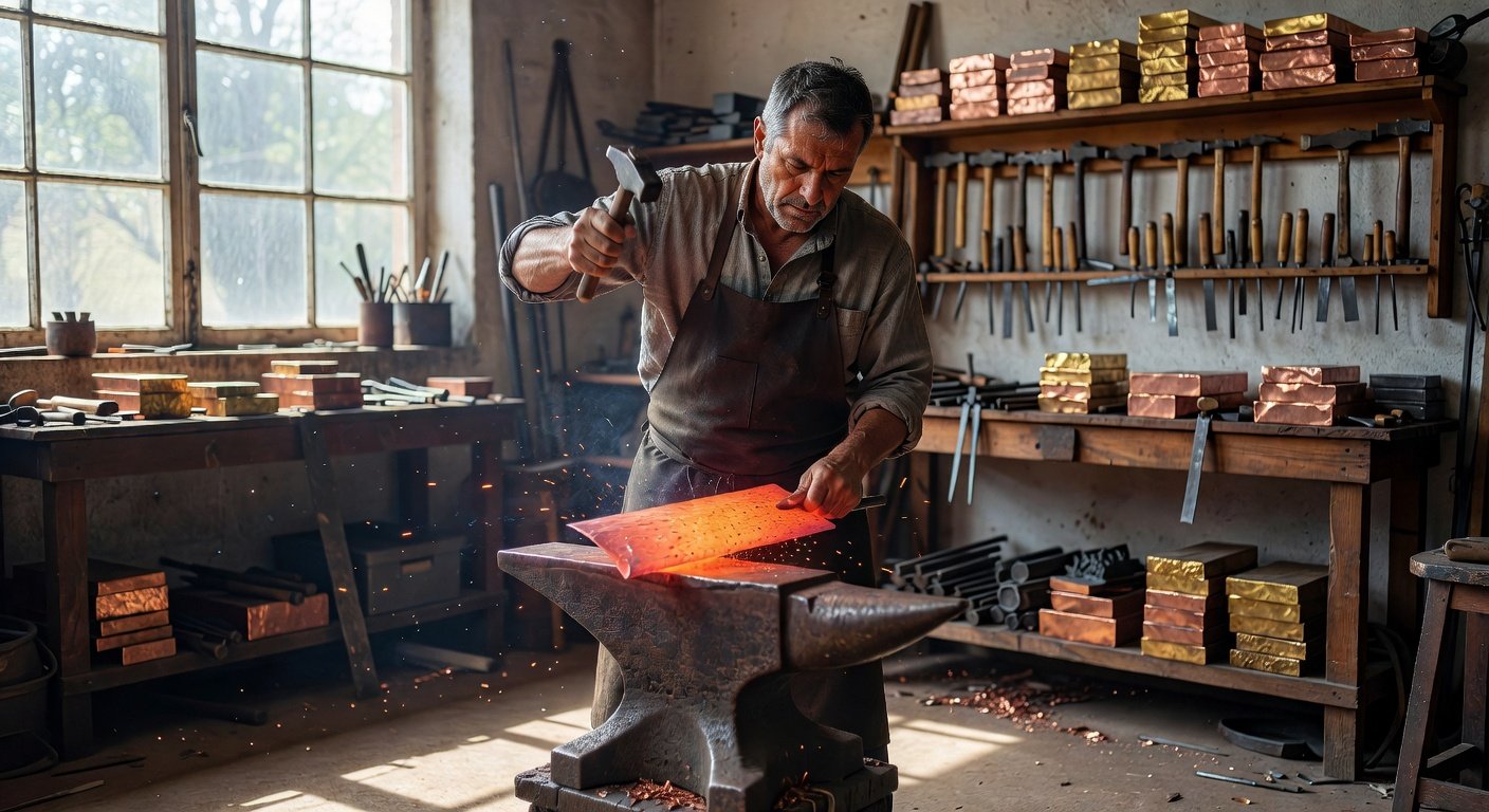feature_grok_5e8b9c42 Artisan in metalsmithing class forging copper piece