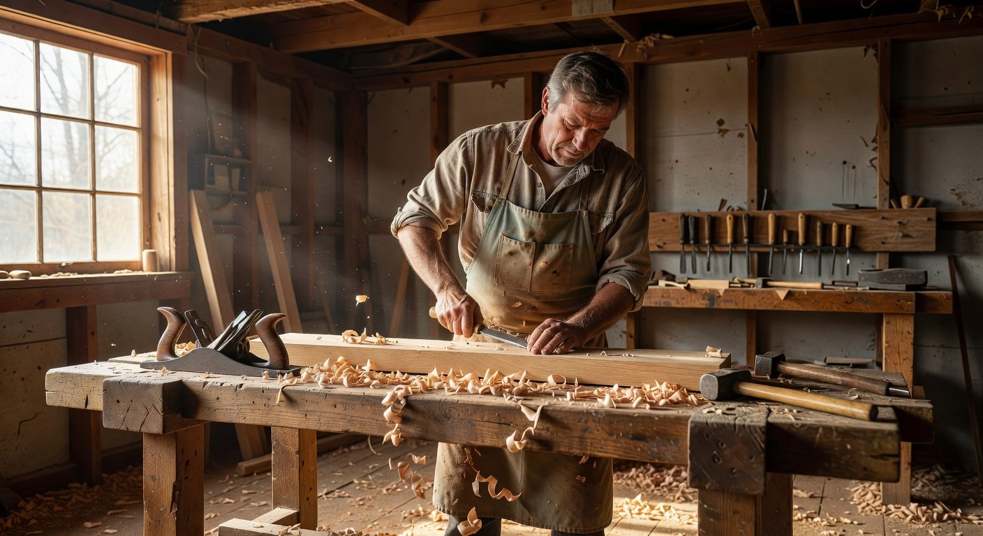 Beginner woodworking class in Vermont folk school barn setting