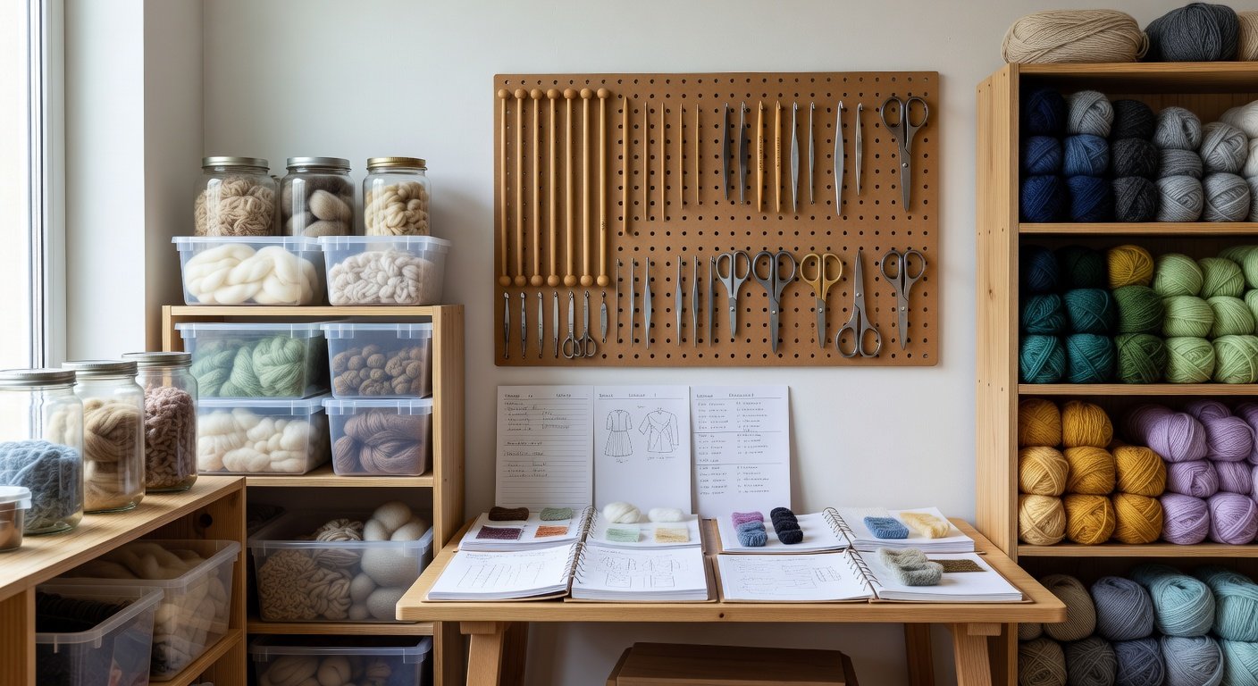 Organized fiber artist workspace with labeled supplies and sourcing documentation system