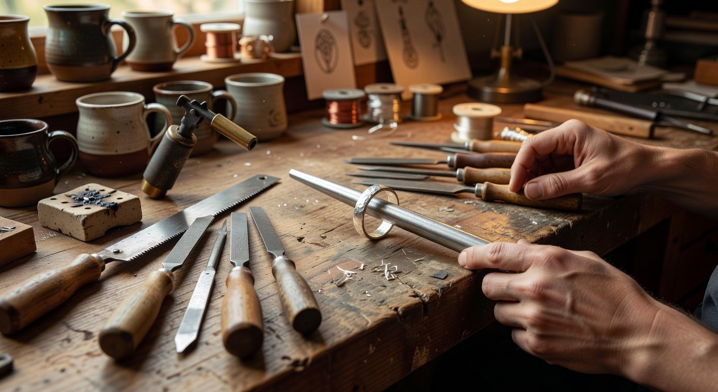 Beginner silversmithing project setup showing ring making tools and materials