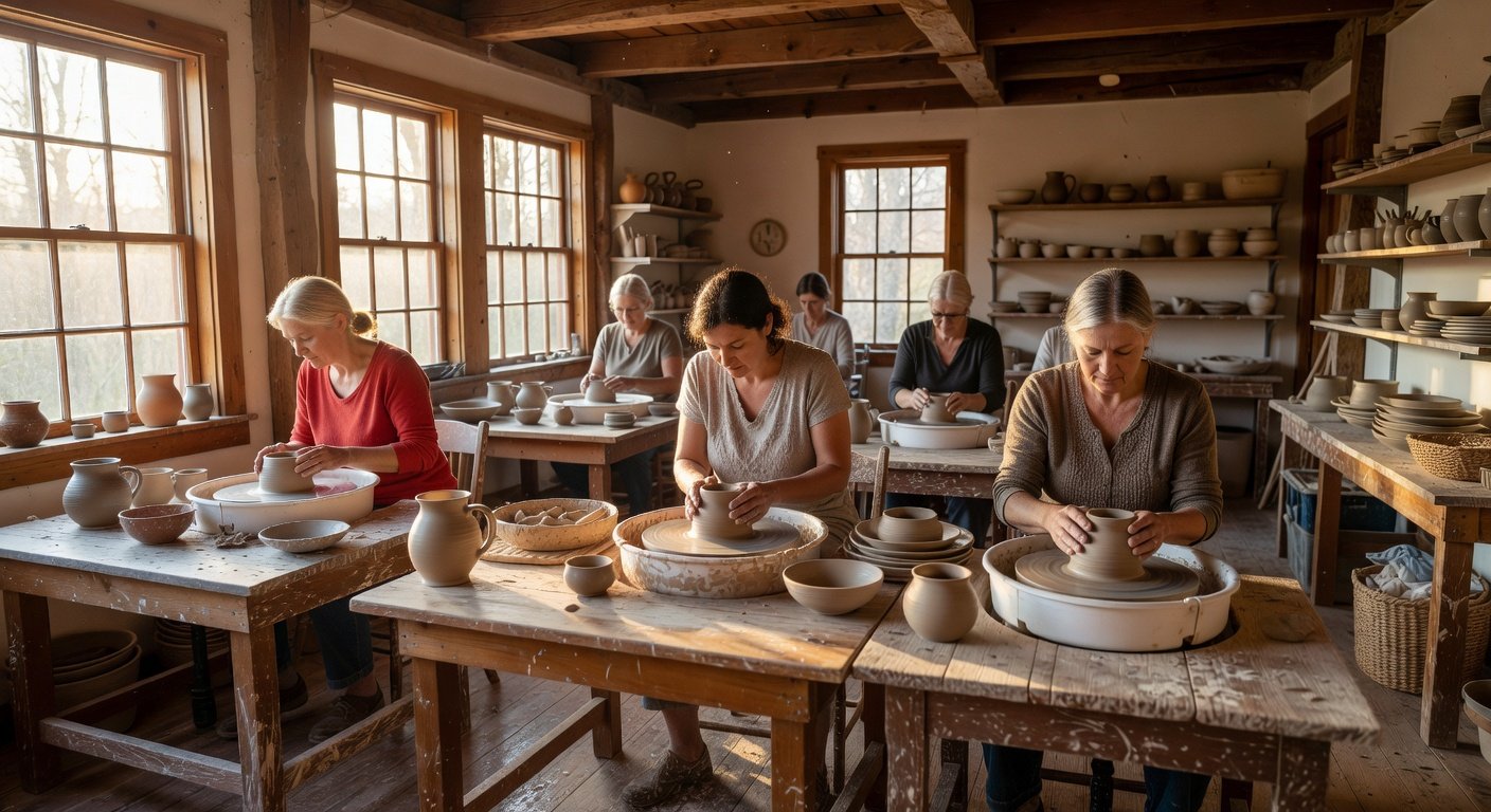 Adults learning pottery in folk school workshop with natural lighting