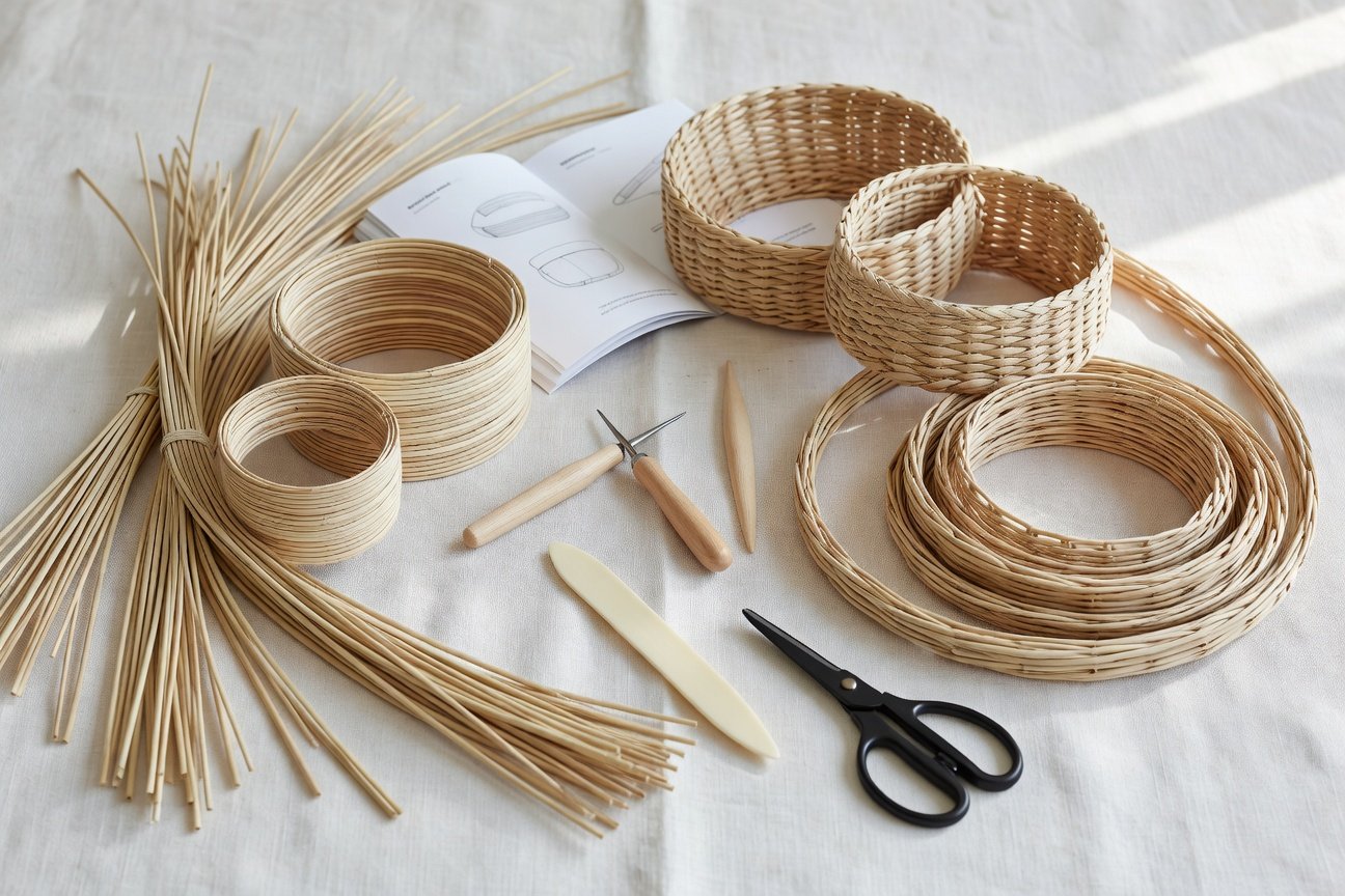 feature_grok_99f05f2b Basketry kit contents displayed from above showing reed, tools, and instructions