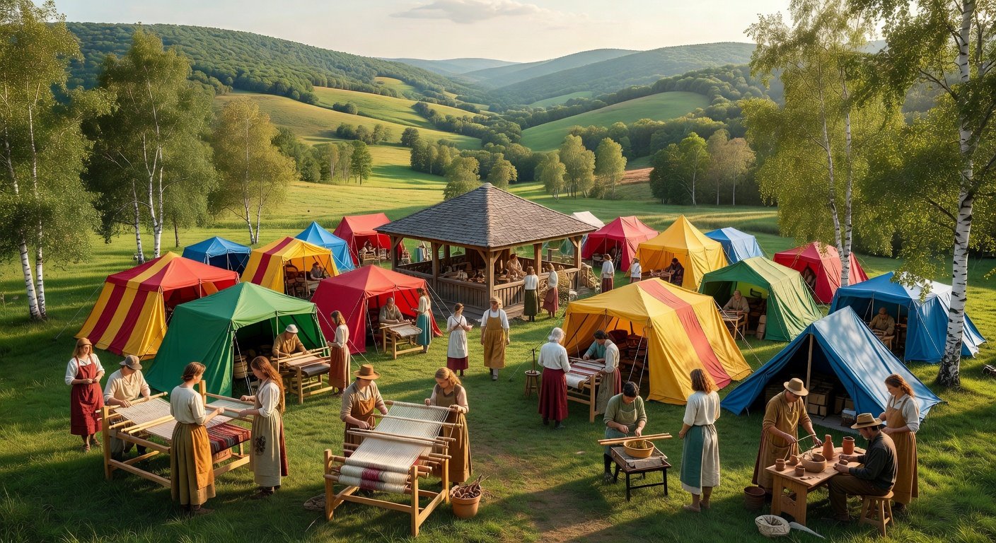 Vibrant Vermont craft shows scene with artisans and tents in scenic hills