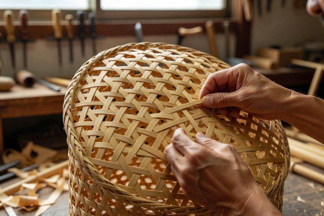 feature_grok_b1af073b Japanese basketry artisan demonstrating ajiro hexagonal weaving technique on bamboo basket frame