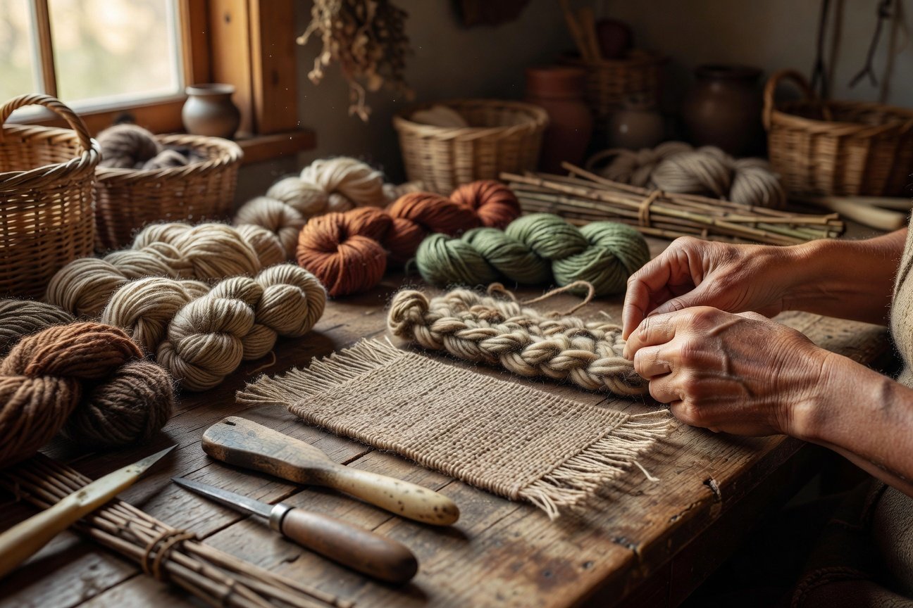 Adult student examining fiber arts materials during folk school workshop