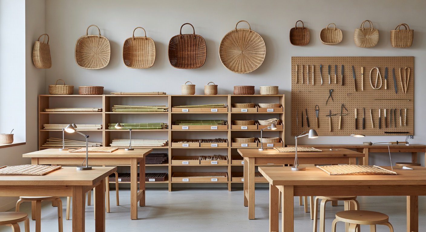 Professional basketry studio workspace equipped for Japanese weaving instruction and practice