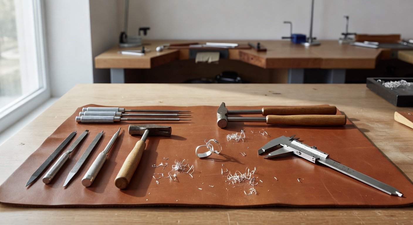 feature_grok_cac09305 Silver making workshop workbench with hand tools and jewelry in progress