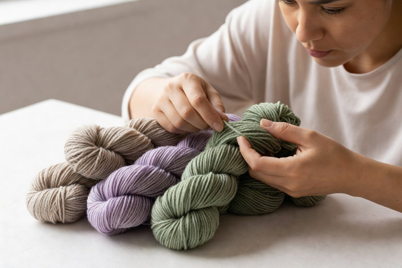 Fiber artist hands examining yarn texture and color in natural light