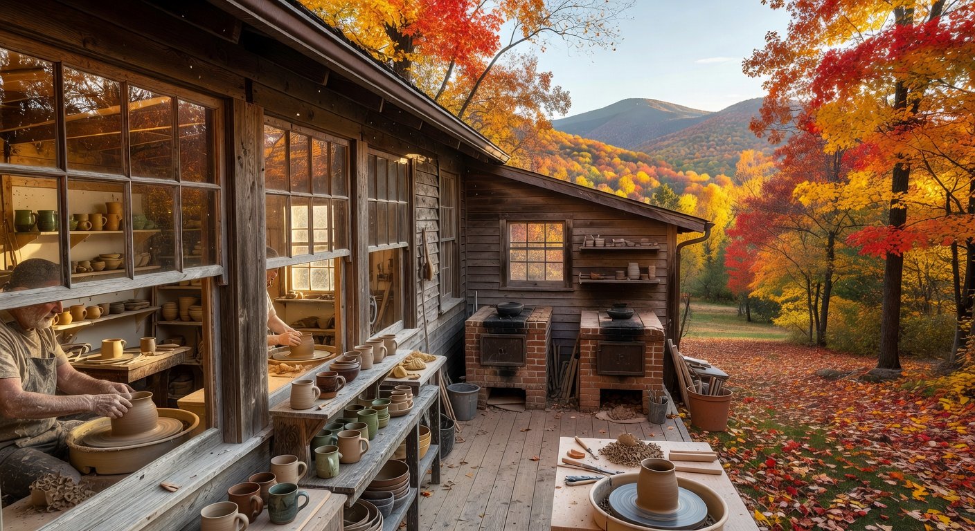 Vermont craft workshops and studios pottery studio aerial view with autumn foliage