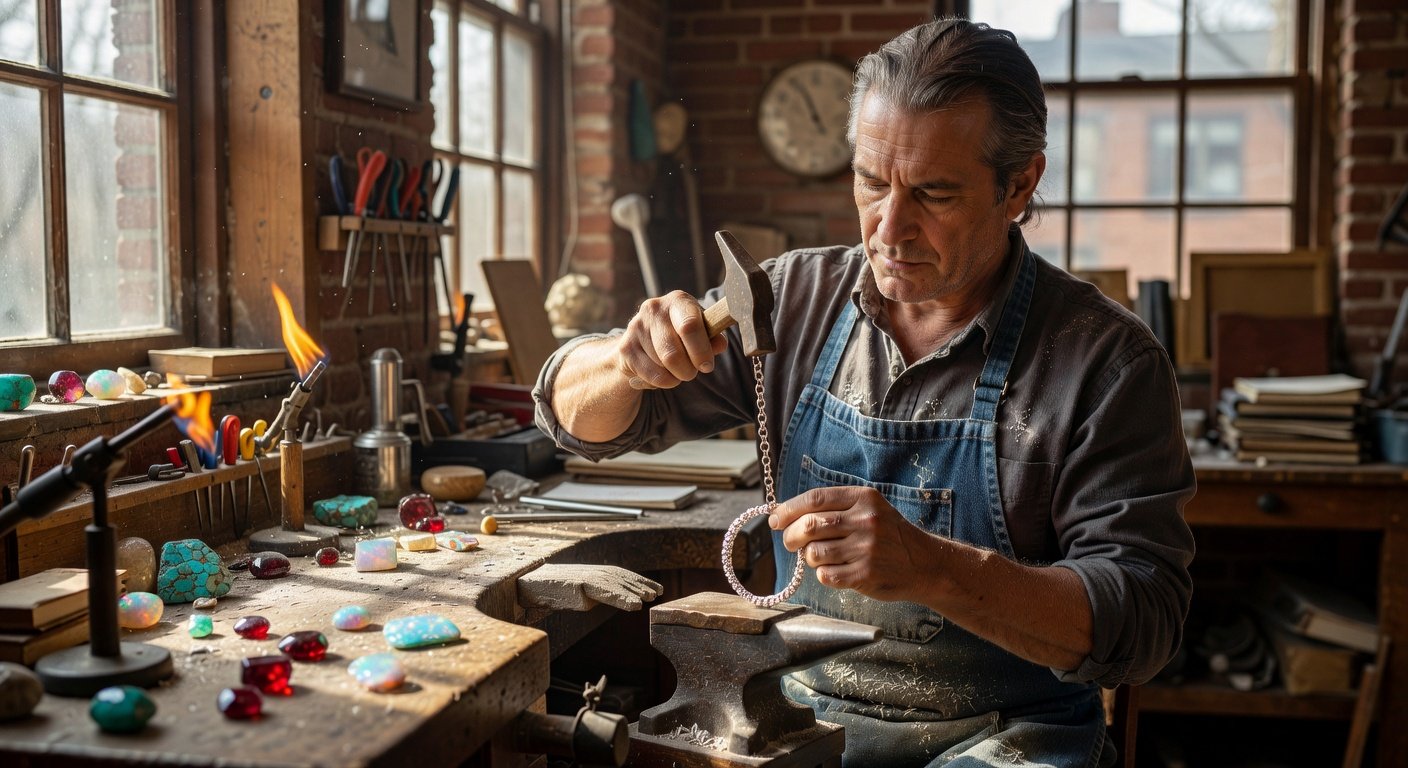 Artisan in jewelry making class boston studio forging silver cuff