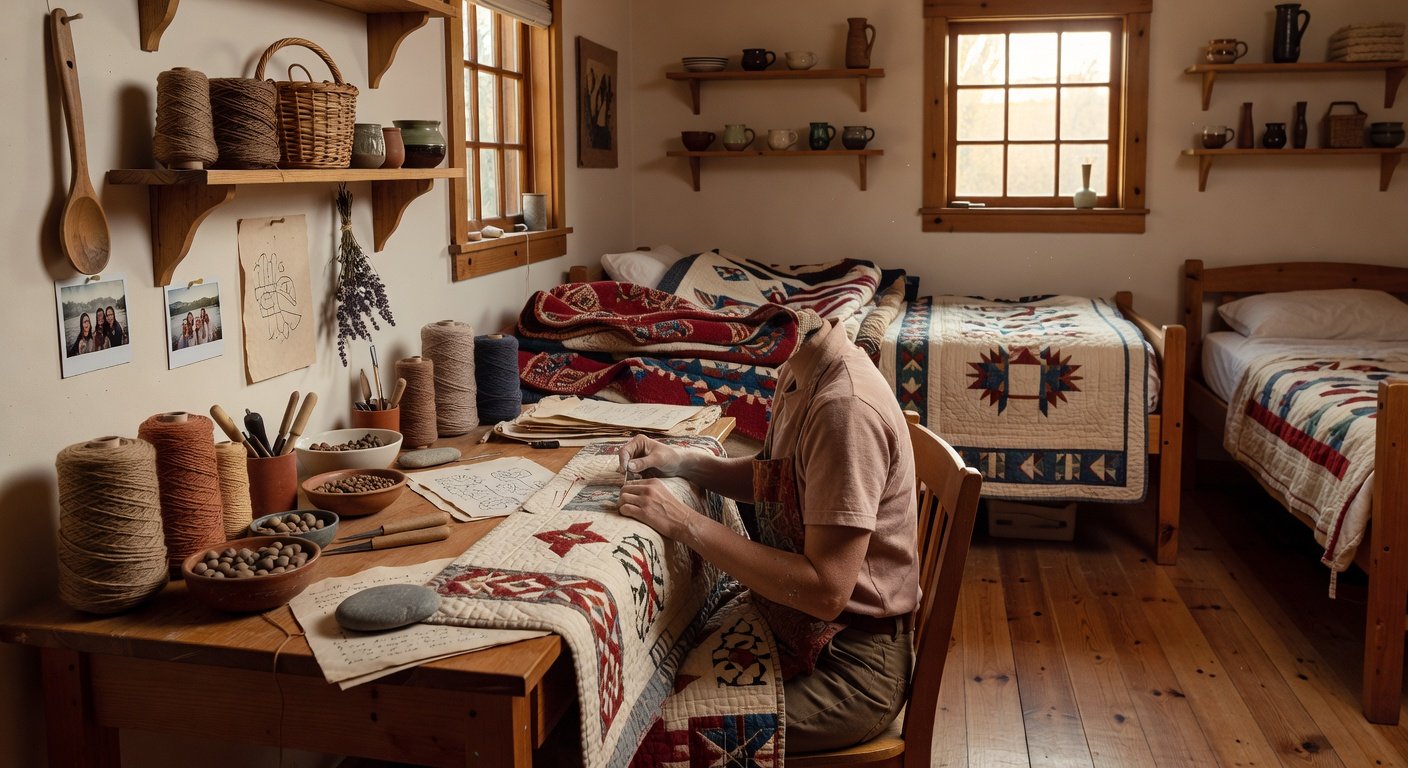 Folk school accommodation showing student living space with craft supplies