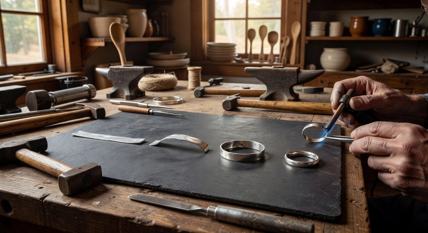 Four stages of silver ring formation in beginner silversmithing project