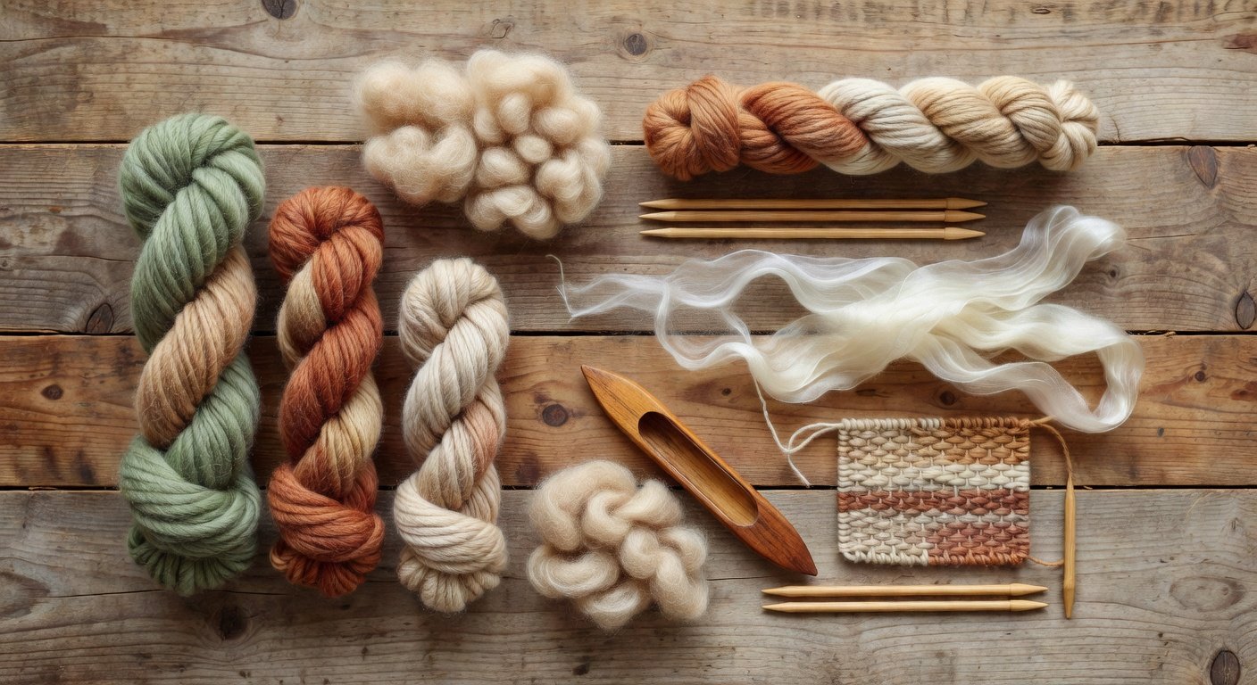 feature_grok_d90265cb Fiber arts supply materials including hand-dyed yarn, roving, wooden needles, shuttle, and woven sample arranged on wood