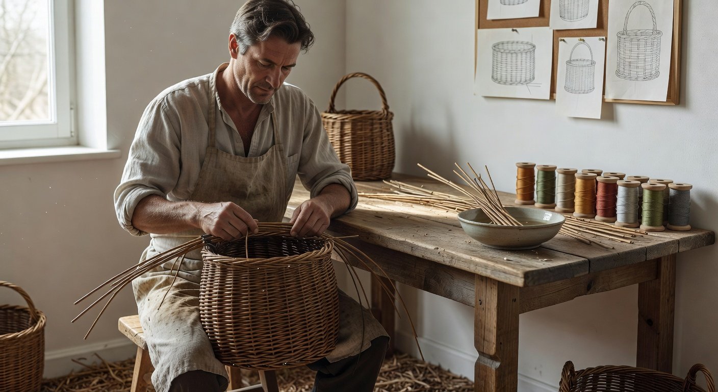 Basketry weaver at work station showing proper positioning and organized materials for basketry weaving practice