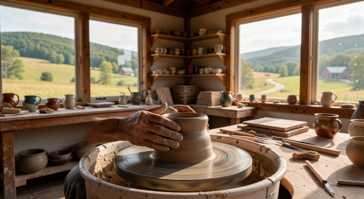 Potter's hands shaping clay at Vermont craft workshop with mountain views