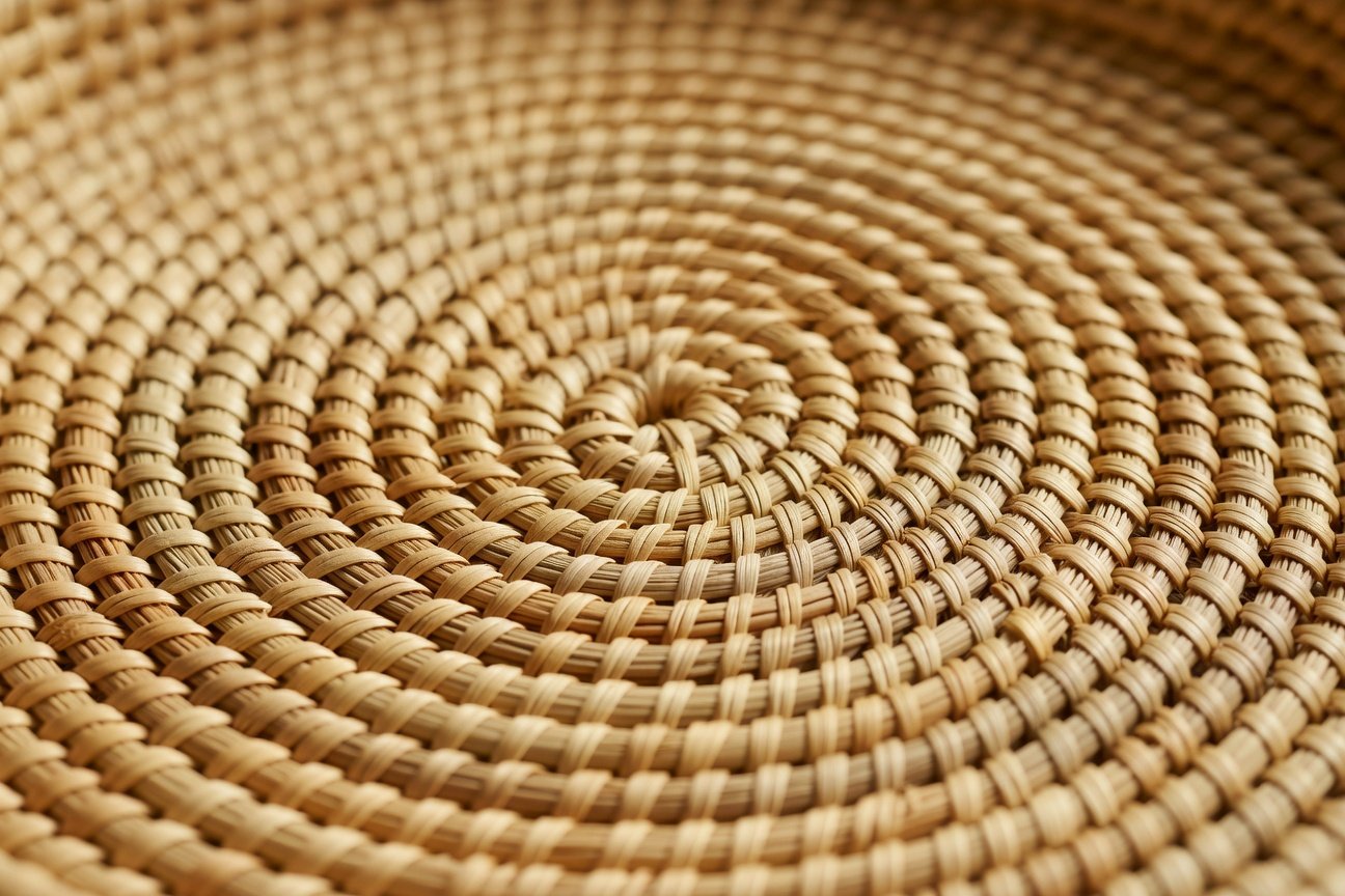 Close-up detail of coiled basketry weaving showing spiral structure and binding thread pattern