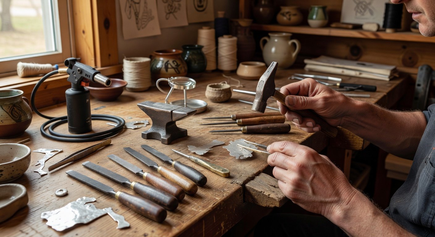 feature_grok_f0ac71d8 Adult learning silversmithing classes with proper tools and workspace setup