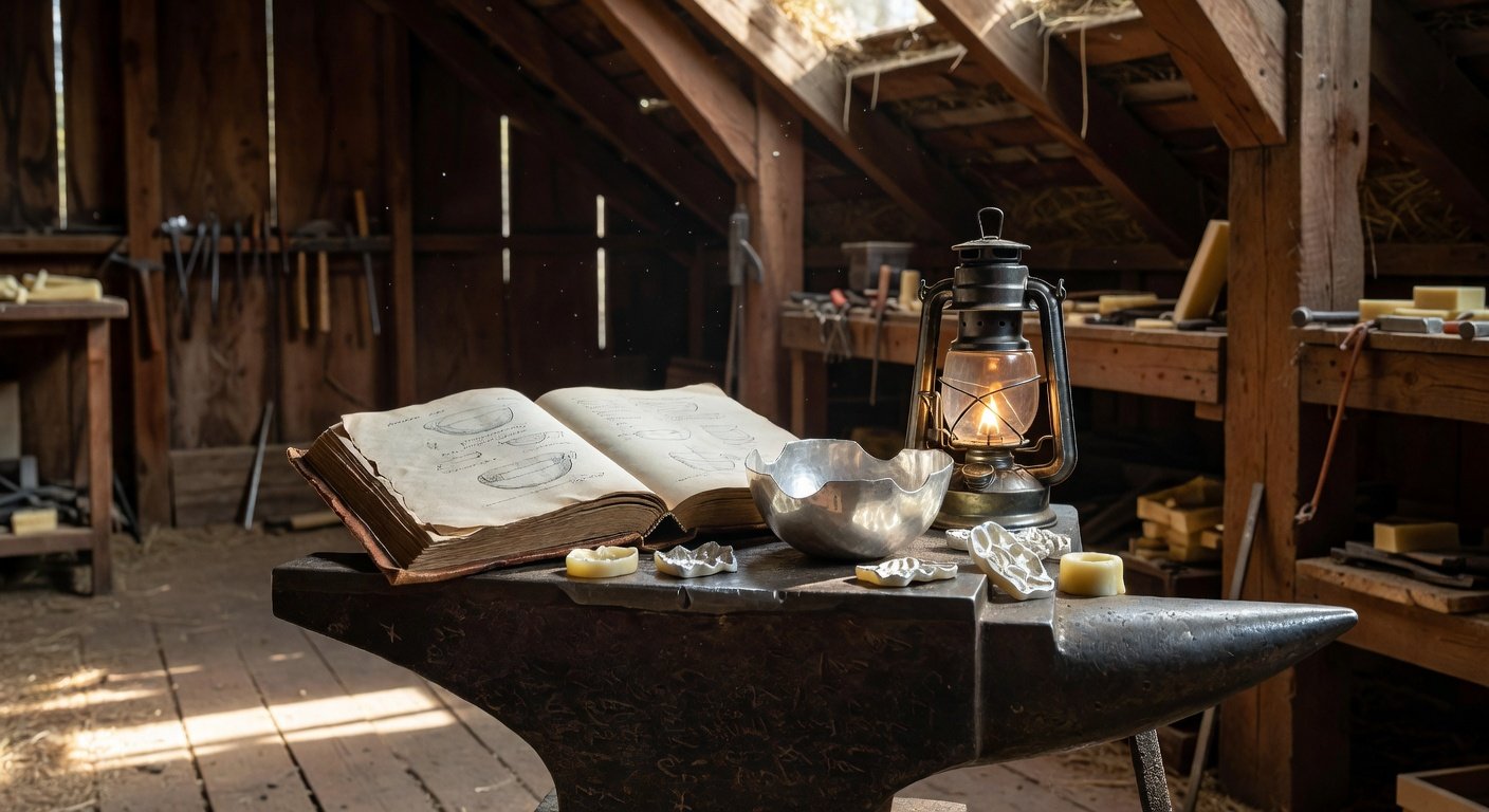 Vintage silversmithing books and tools in rustic workshop setting