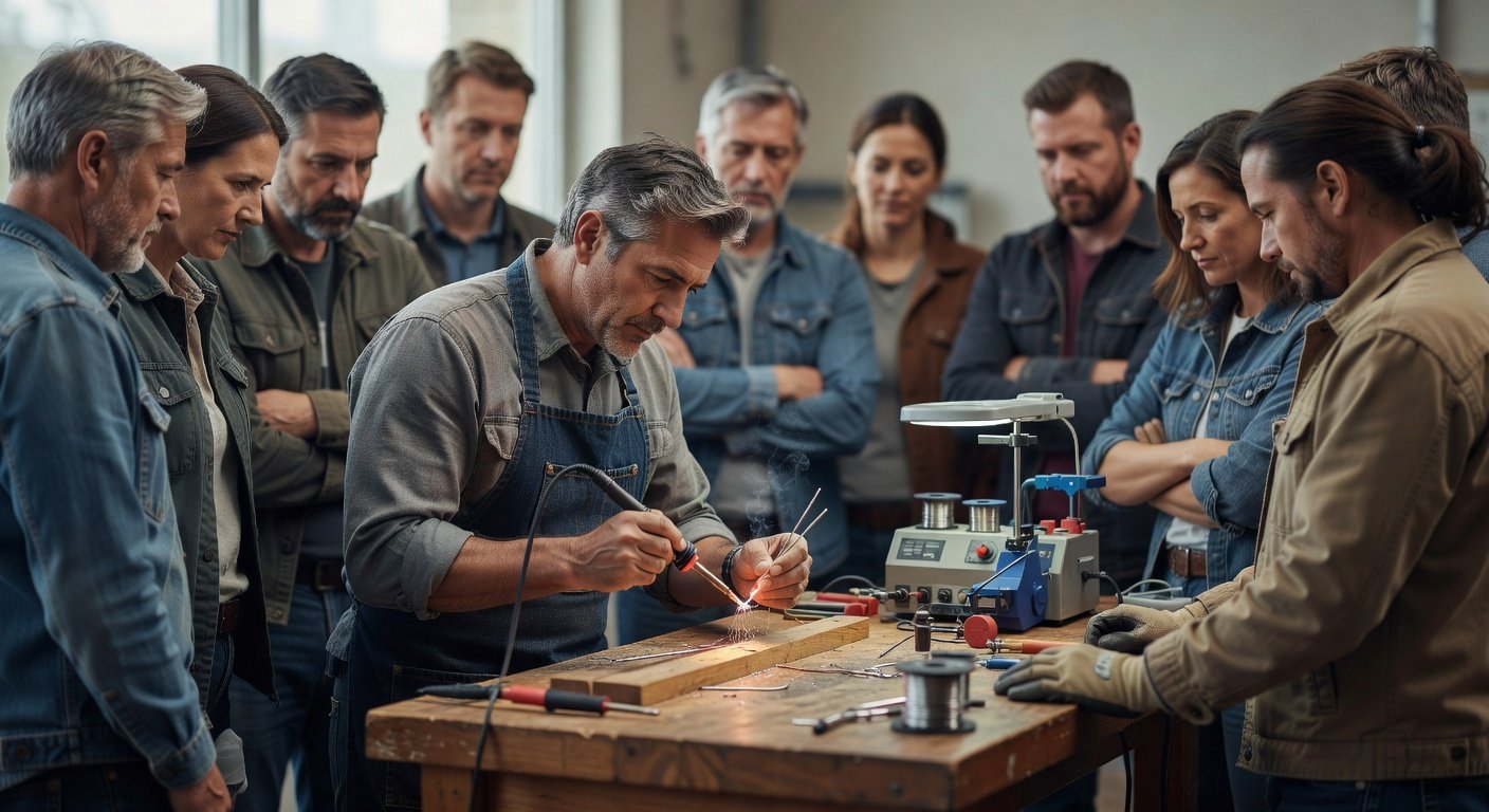 Silversmithing instructor demonstrating technique to workshop students